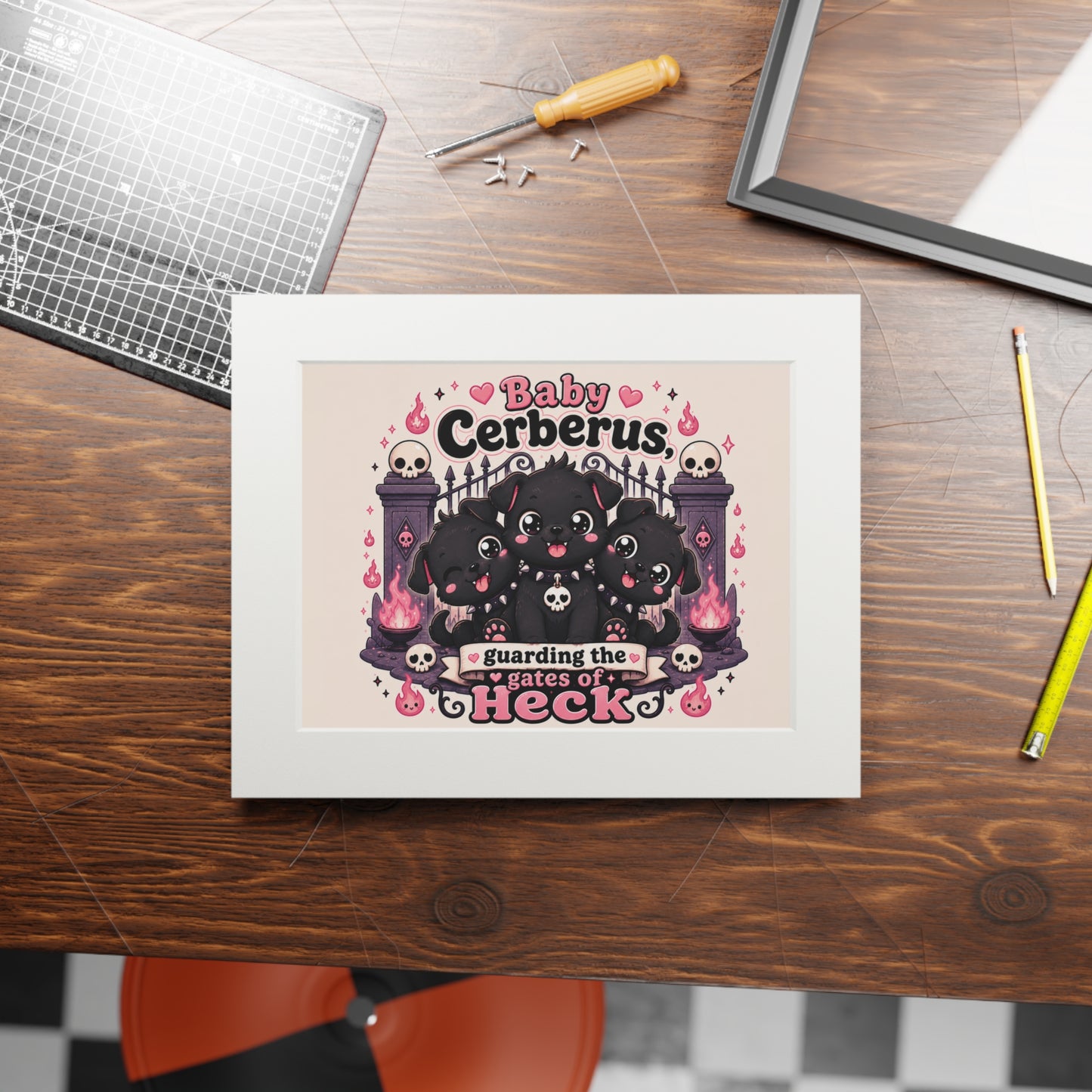 Fine Art Print — "Baby Cerberus: Guarding the Gates of Heck" (Passepartout)